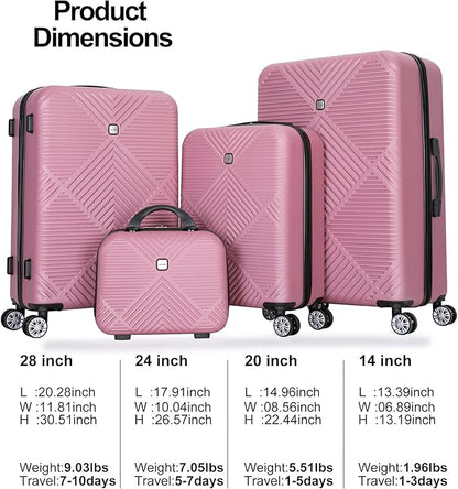 Luggage 4 Piece Set, Hardshell ABS Suitcase Set with Double Spinner Wheels, Lightweight Suitcase, Carry On and Checked Travel Luggage,Rose Pink