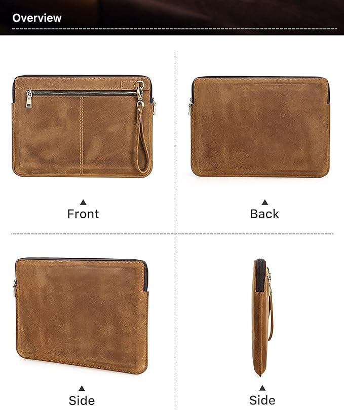 Top Grain Leather 13.3" Slim Laptop Sleeve Bag, Vintage Design with 2 Zip Pockets, Fully Handmade, Compatible with MacBook Pro 13.3" MacBook Air 2022 DELL XPS 13" & other PC, Brown 13.3 Inch