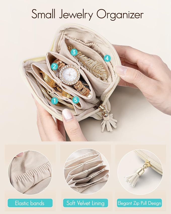 Vlando Mini Jewelry Travel Case,Jewelry Pouch Bags with Zipper, Velvet Jewelry Organizer Storage Bag for Bracelet Rings Earring Travel Essentials Gifts for Women Girl - White