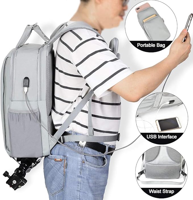 CADeN Camera Backpack w/ 15.6" Laptop Compartment, USB Charge Port, Tripod Holder, Rain Cover Compatible for Sony Canon Nikon