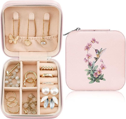 MAYCARI Jewelry Box with Cute Pink Floral Hummingbird Design, PU Leather Jewelry Travel Organizer Case-Rings/Earrings/Necklace Storage Box for Women Birthday Mom Friends Her Bridesmaids Girls s