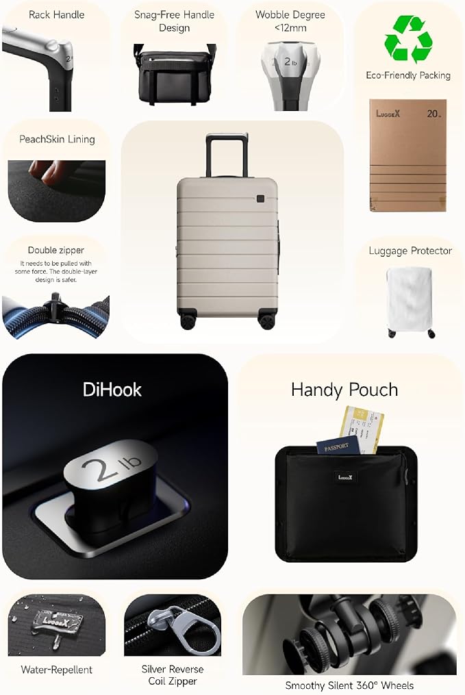 LUGGEX Carry On Luggage HUP3, Hardshell Suitcase with DiHook, Handy Pouch, 20 inch Expandable Suitcases Airline Approved TSA Lock, with Spinner Wheels (HX-Core)