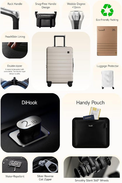 LUGGEX Carry On Luggage HUP3, Hardshell Suitcase with DiHook, Handy Pouch, 20 inch Expandable Suitcases Airline Approved TSA Lock, with Spinner Wheels (HX-Core)
