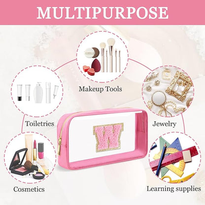 Small Clear Personalized Initial Makeup Bag, Preppy A-Z Chenille Letter Patch Cosmetic Bag, Cute Transparent Nylon Waterproof Zipper Beach Varsity Letter Pouch, Gift for Women Girls(Pink-Pink W)