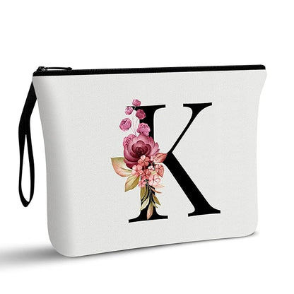 Vavabox A-Z Personalized Makeup Bag, Birthday Gifts for Women Mom, Gifts for Best Friend, Bride Bridesmaid Cosmetic bag (K, White)