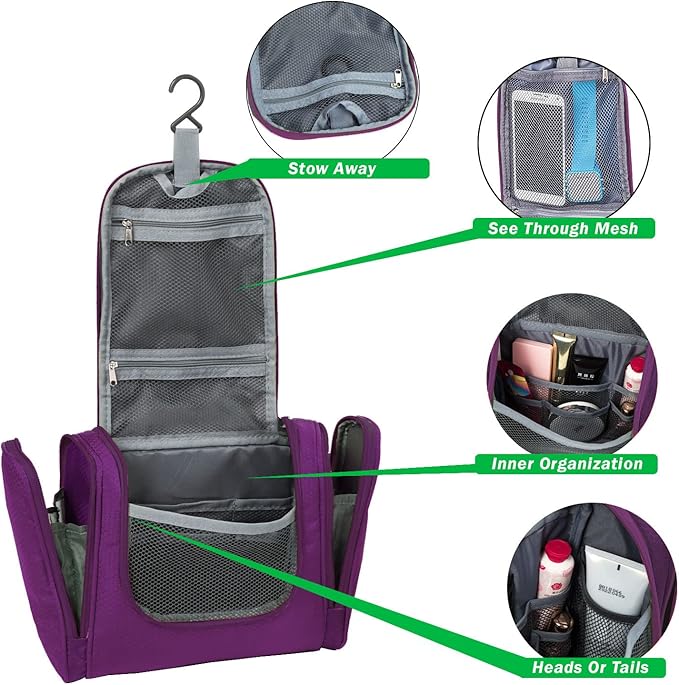 Bago Travel Toiletry Bag for Women and Men X-Large Waterproof Hanging Large Toiletry Bag for Bathroom and Travel Bag for Toiletries Organizer -Travel Makeup Bag (Purple)