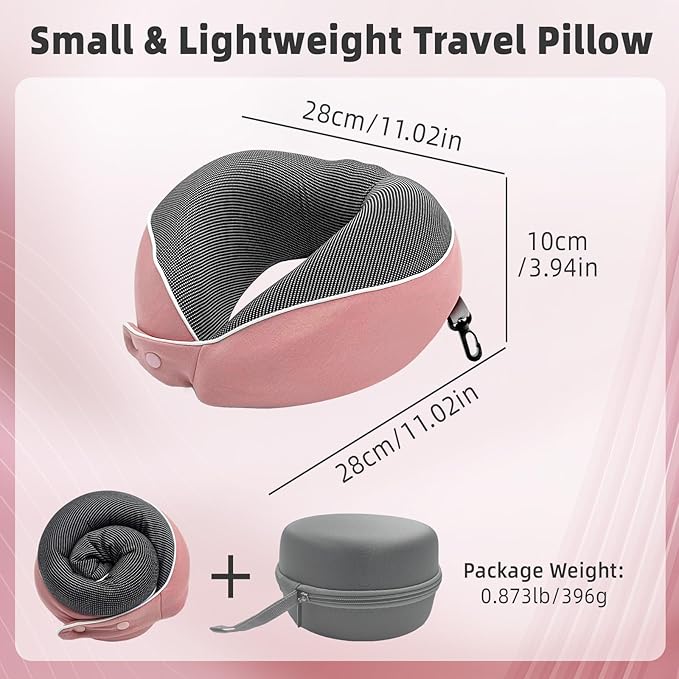 Memory Foam Travel Neck Pillow - with Portable Storage Case, 360° Ergonomic Support for Airplanes & Office, Compact & Portable (Pink)