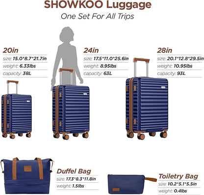 SHOWKOO Luggage Sets 3 Piece Hardside Expandable Suitcase with Double Spinner Wheels Tsa Lock, (Blue, 5 piece set)