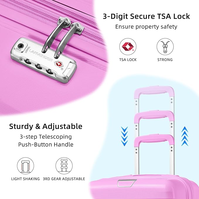 LARVENDER Luggage Sets 5 Piece with Duffel Bag Expandable(Only 28 inch) Hardside PP carry on luggage with 360° Spinner Wheels TSA Lock for Men Women, Neon Pink
