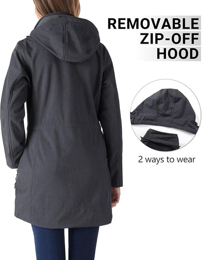 Outdoor Ventures Women's Softshell Jacket with Removable Hood Fleece Lined Windbreaker Insulated Long Warm Rain Jacket