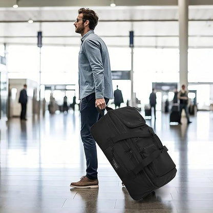 Extra Large Rolling Travel Duffle Bag with Wheels Shoes Compartment Wet Pocket 85-100L Big Expandable Duffel Bag for Men Women Heavy Duty Foldable Collapsible Luggage Camping, Black