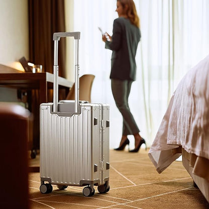 20 Inch All Aluminum Carry On Luggage 22x14x9 Airline Approved with Spinner Wheels,Hard Shell Zipperless Lightweight Small Suitcase with TSA Approved for Travel Business Women Men,Silver