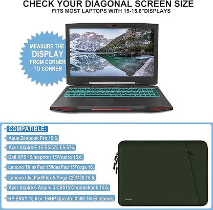Laptop Sleeve Case, Shockproof Protective Computer Sleeve Cover with Accessories Pocket, Water Resistant Traveling Carrying 15.6 inch Laptop Bag Compatible for MacBook Dell HP Acer Lenovo, Army Green