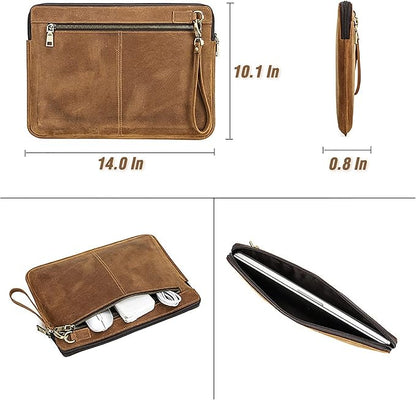 Top Grain Leather 14.2" Slim Laptop Sleeve Case Bag, Vintage Design with 2 Zip Pockets, Handmade, Compatible with MacBook Pro 14" 2021 2022 M1 Pro/M1 Max A2442 & Other PC, Brown 14.2 Inch