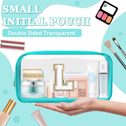 Small Clear Personalized Initial Makeup Bag,Nylon Preppy A-Z Chenille Letter Patch Cosmetic Pouch Beach Toiletry Bag,Waterproof Zipper Travel Purse Storage Bag Organizer for Women Girls(Cyan-White L)