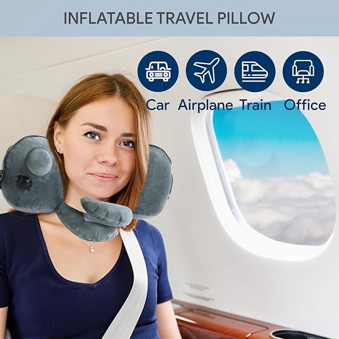 Inflatable Travel Neck Pillow for Airplane & Long Flights | 360° Cervical Support | Ultra-Compact & Lightweight with Washable Velour Cover | Easy Manual Pump Inflation