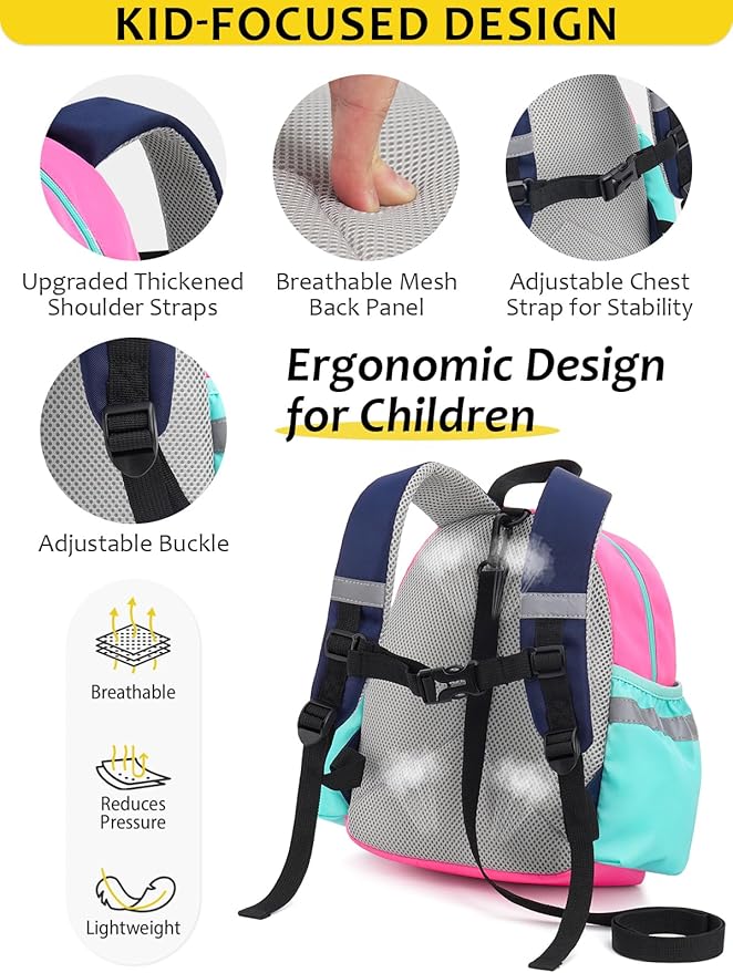 Toddler Backpack with Leash for Boys Girls Kids Kindergarten Nursery, 11” Baby Leash Backpack with Reflective, Toddler Bookbag with Anti-Lost Harness for Walking, Light Pink