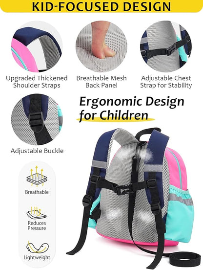 Toddler Backpack with Leash for Boys Girls Kids Kindergarten Nursery, 11” Baby Leash Backpack with Reflective, Toddler Bookbag with Anti-Lost Harness for Walking, Light Pink