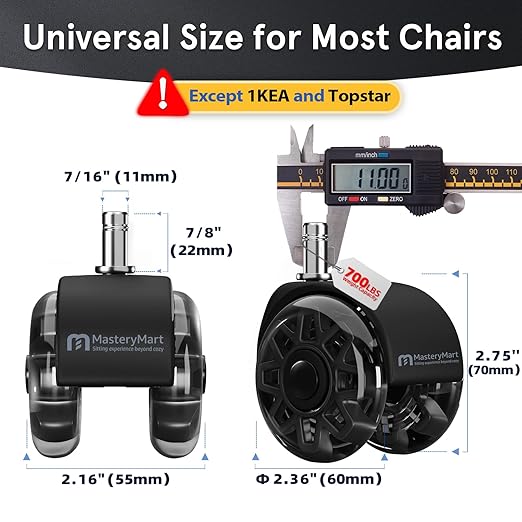 Office Chair Wheels Replacement, 2.5 Inch Heavy Duty Caster Set, for Carpet and Hardwood Floors, Universal Size 11x22mm, Fits 99%, Black