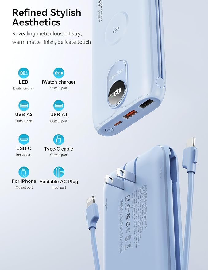 Portable Charger, 10000mAh 22.5W Fast Charging Power Bank with Built in Cable & Wall Plug, Travel Essential Battery Pack with LED Display, External Charger for iPhone 17/16, iWatch 11/10/9/8/Ultra/SE