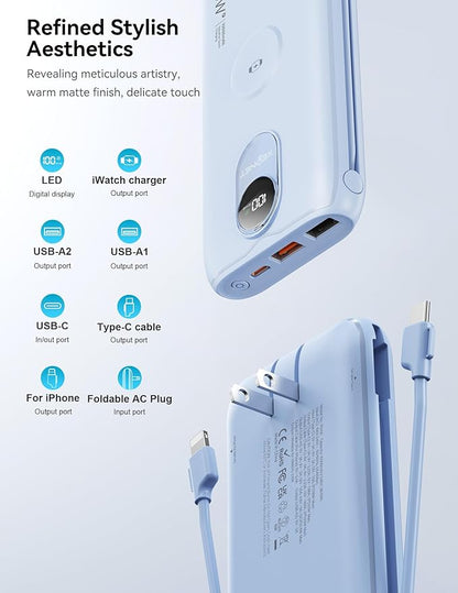 Portable Charger, 10000mAh 22.5W Fast Charging Power Bank with Built in Cable & Wall Plug, Travel Essential Battery Pack with LED Display, External Charger for iPhone 17/16, iWatch 11/10/9/8/Ultra/SE