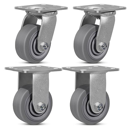 4"x2" Rubber Wheels (Flat Tread)- Heavy Duty Casters, Industrial Caster Wheels- Set of 4 with up to 2800 LB Capacity- Use for Dollies, Workbench(2 Swivel &2 Rigid)