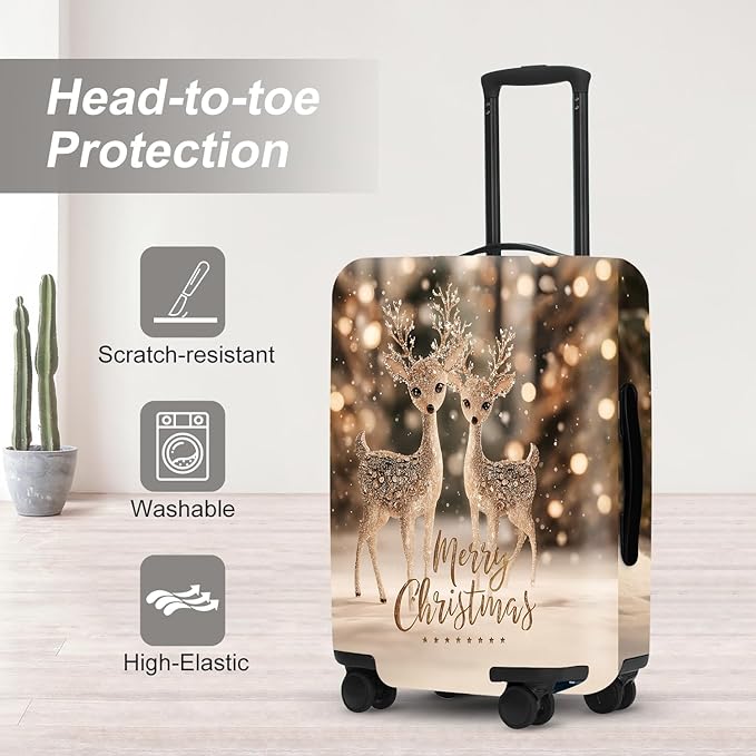 Deer Christmas Luggage Cover - Two Reindeer in Snow with Glowing Tree, Warm Winter Scene Suitcase Protector for 28 30 Inch Bag