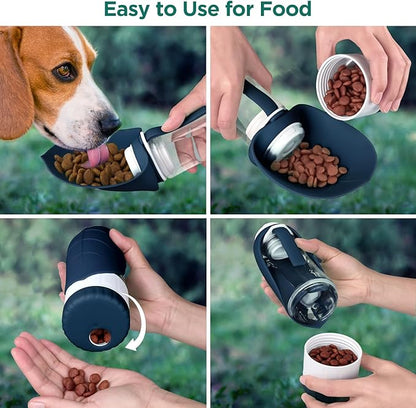 Dog Water Bottle, Pet Water Bottle with Food Container and Drinking Feeder, Leak Proof, BPA-Free, Portable Foldable Puppy Water Cup Dispenser for Outdoor Walking, Travel, Small Dark Blue