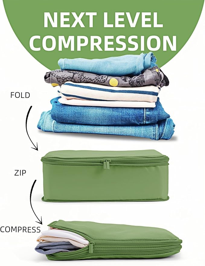 Compression Packing Cubes for Travel, 6-Piece Set (L/M/S), Double-Zip Luggage Organizers with Mesh Panels, Space-Saving Clothes Storage Bags for Suitcase & Carry-On (6 Pack, Forest Green)