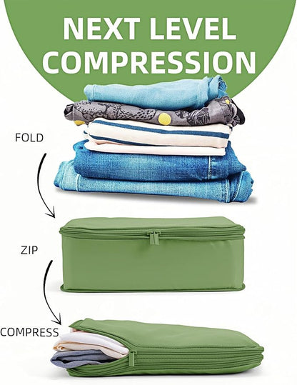 Compression Packing Cubes for Travel, 6-Piece Set (L/M/S), Double-Zip Luggage Organizers with Mesh Panels, Space-Saving Clothes Storage Bags for Suitcase & Carry-On (6 Pack, Forest Green)