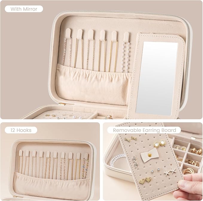 Lolalet Travel Jewelry Case for Women Girls, Travel Jewelry Organizer Box with Mirror & Clear Storage Bag, Small Portable Earring Necklace Bracelet Ring Case, Birthday Christmas Gifts -Medium, White
