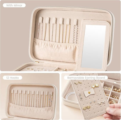 Lolalet Travel Jewelry Case for Women Girls, Travel Jewelry Organizer Box with Mirror & Clear Storage Bag, Small Portable Earring Necklace Bracelet Ring Case, Birthday Christmas Gifts -Medium, White