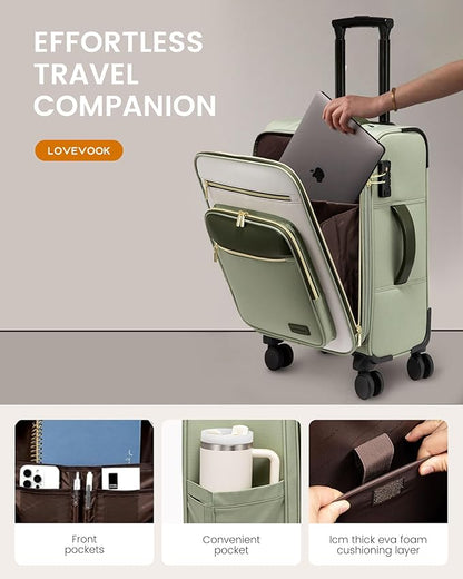 LOVEVOOK Carry on 22x14x9 Airline Approved,20 inch Lightweight Waterproof Suitcases with 360° silent swivel wheels, TSA Lock and Compartment, Large Capacity travel Suitcase Green-white