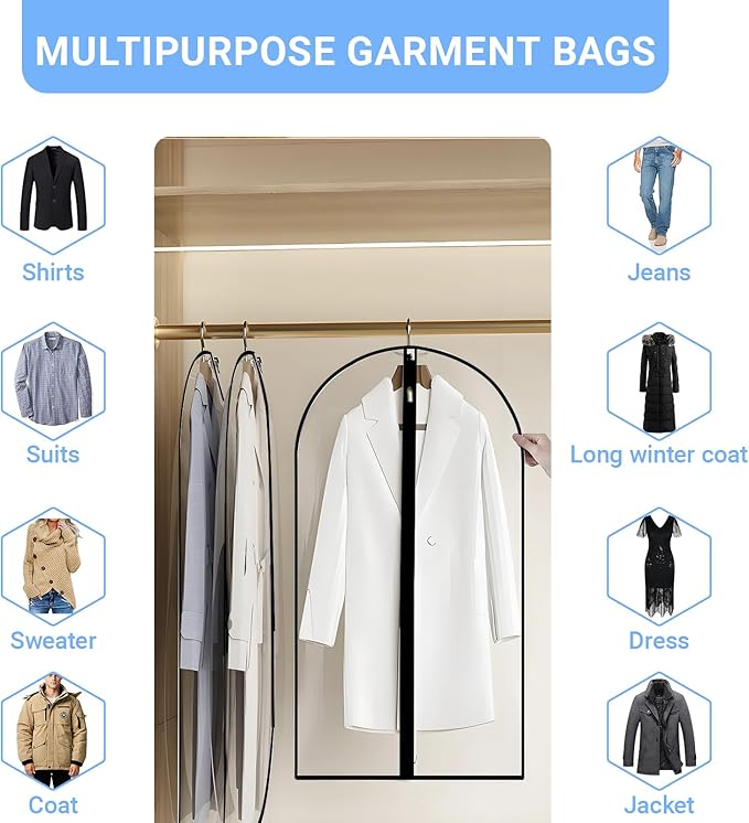 Garment Bags for Hanging Clothes 24'' x 40'' (Set of 12) Coat Covers for Closet Foldable Washable Dress Bags for Hanging Clothes for Long Dress Dance Costumes Suits Gowns Coats