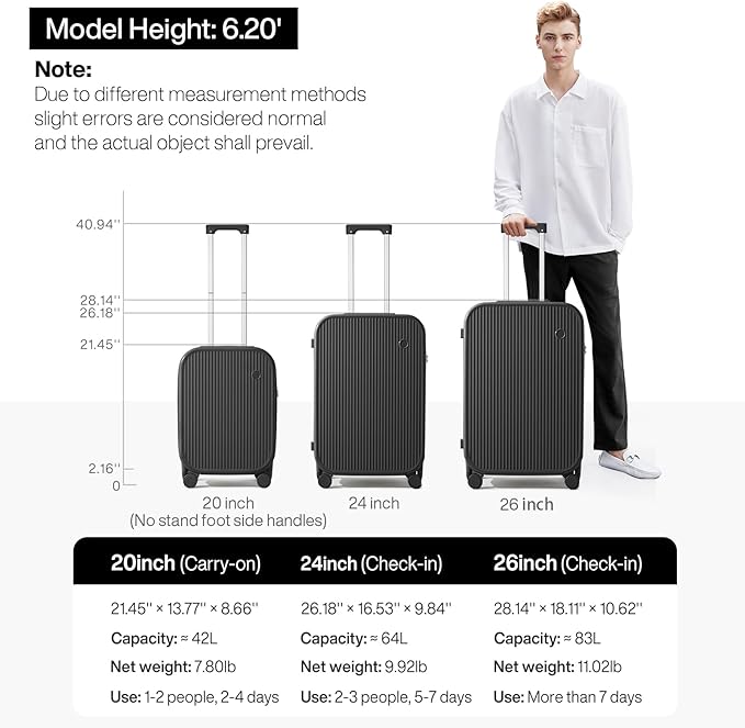 mixi Checked Luggage with Cup Phone Holder Hard Shell Rolling Travel Suitcases with Spinner Wheels,26 Inch Black