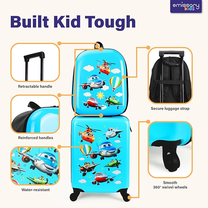 emissary Kids Luggage With Wheels,Suitcases For Boys, Airplane Luggage Set, Kids Carry on Luggage with Wheels, Toddler Rolling Suitcase