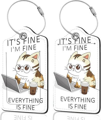 2Pack Luggage Tags for Suitcases, Cute Unique Pu Leather Cruise Luggage Tag with Privacy Cover ID Label Address Card and Metal Ring Suitable for Women Men Kids Girls Travel Bag Tag Angry Cat
