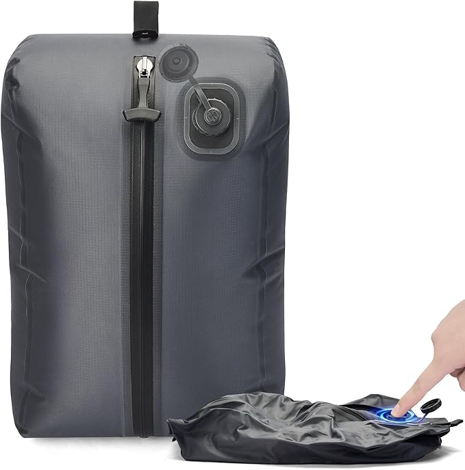 BBOM One-Touch Vacuum Storage Bags - Pump-Free with USB-C Charging, Waterproof Airtight Compression for Clothes, Bedding, Travel Gear - Space Saver for Suitcases, Hiking & Camping(Gray)
