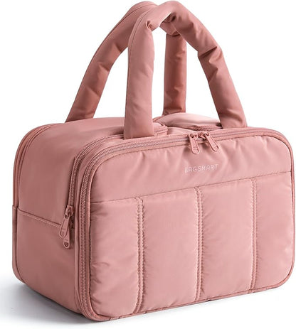 BAGSMART Travel Toiletry Bag, Puffy Large Toiletry Bag for Women, Lightweight Cosmetic Makeup Bag Organizer with Handle for Traveling, Accessories, Essentials, Toiletries （Dark Pink