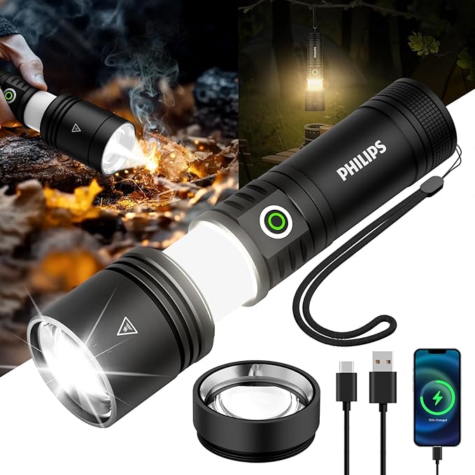 Philips Flashlights High Lumens Rechargeable with Ignition Lens,2500lm Tactical Flashlights with Camping Lamp,2 Colors Zoomable 5Modes Reverse Charging LED Bright Flashlight for Home Outdoor Gift