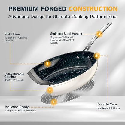 Nuwave 3-Piece 8”, 10”, 12” Forged Lightweight Frying Pan Set, G10 Healthy Duralon Blue Ceramic Ultra Non-Stick, Ergonomic Stay-Cool Handles, Induction-Ready & Works on All Cooktops