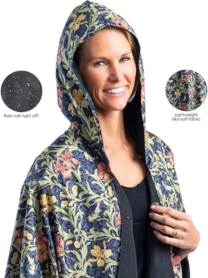 RainCaper Rain Poncho for Women - Reversible Rainproof Hooded Cape in Gorgeous Ultrasoft Colors (Black/Wm Morris Gold Flowers)