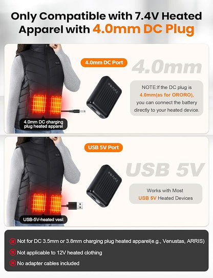 Heated Vest Battery Pack Replacement 18400mAh – 7.4V/5V Power Bank with LED Display Compatible with ORORO, Only for 7.4V Heated Apparel with DC 4.0mm Plug, Not for 12V Gear