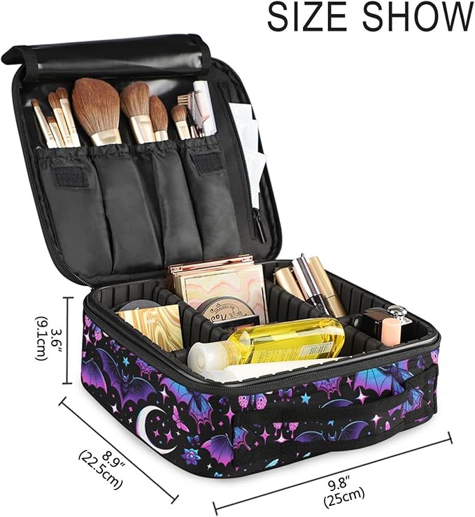 MNSRUU Travel Makeup Bag, Neon Purple and Bats Stars and Moons Women Makeup Case Organizer Cosmetic Toiletry Bag for Teenage Girl with Adjustable Dividers