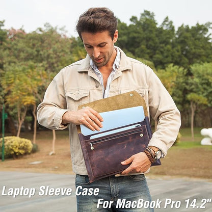 Top Grain Leather 14.2" Laptop Sleeve Bag, Magnet Snap Button Design & 3 Pockets, Compatible with MacBook Pro/Air 14"/13.3"/13.6" 2021 2022 M1 Pro/M1 Max A2442 & Other PC, Coffee 14.2 Inch
