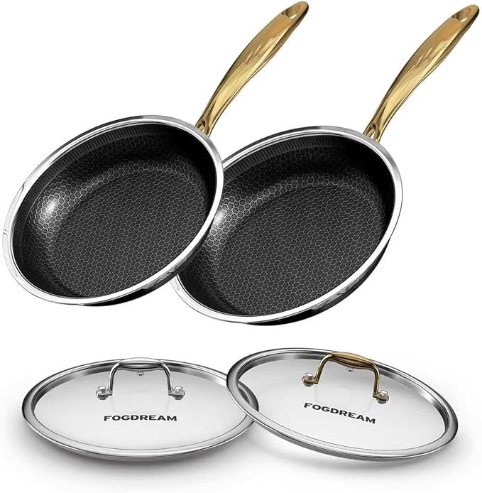 Fogdream 10“11” Non Stick Frying Pans, Stainless Steel Skillet with Lid, Tri-Ply Stainless Steel for All Cooktops, Dishwasher and Oven-Safe Cooking Pan, Stay-Cool Handle, Gold