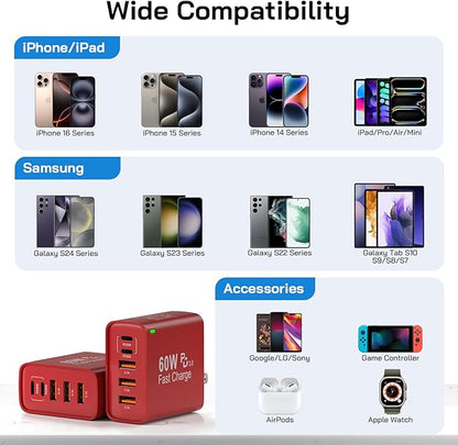 2Pack USB C Fast Charger Block, 60W 5-Port USB C Wall Charger 30W Type C Charging Block, 2USB C+3USB A PPS/PD 3.0 Multiport Charging Cube for iPhone 17 16 15 14 Pro Max,for Galaxy S25 S24 Ultra, i Pad