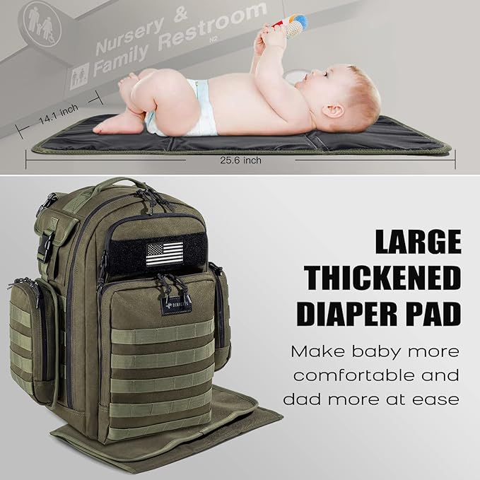 Dad Diaper Bag, Mens Diaper Bag Backpack with Diaper Changing Mat, Military Diaper Backpack with Molle Webbing, Waterproof Pouch, Baby Wipes pocket, Insulated Bottle Pockets- Jungle Green