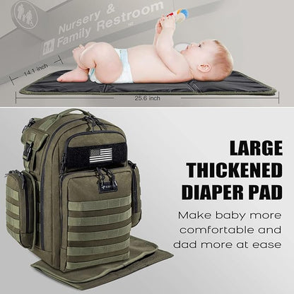 Dad Diaper Bag, Mens Diaper Bag Backpack with Diaper Changing Mat, Military Diaper Backpack with Molle Webbing, Waterproof Pouch, Baby Wipes pocket, Insulated Bottle Pockets- Jungle Green