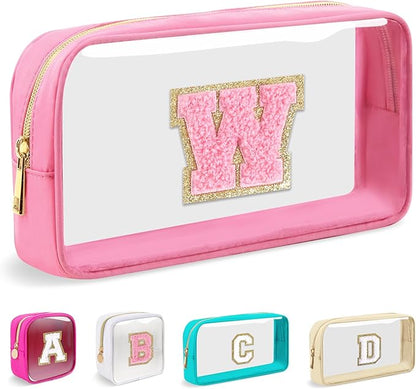 Small Clear Personalized Initial Makeup Bag, Preppy A-Z Chenille Letter Patch Cosmetic Bag, Cute Transparent Nylon Waterproof Zipper Beach Varsity Letter Pouch, Gift for Women Girls(Pink-Pink W)